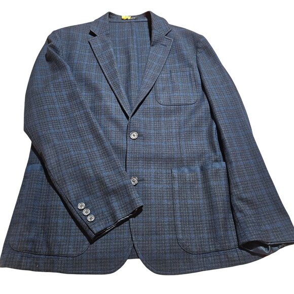 Vince Camuto Mens Large Plaid Blazer Jacket Blue & Black Wool Blend Single-Breas - Picture 5 of 16